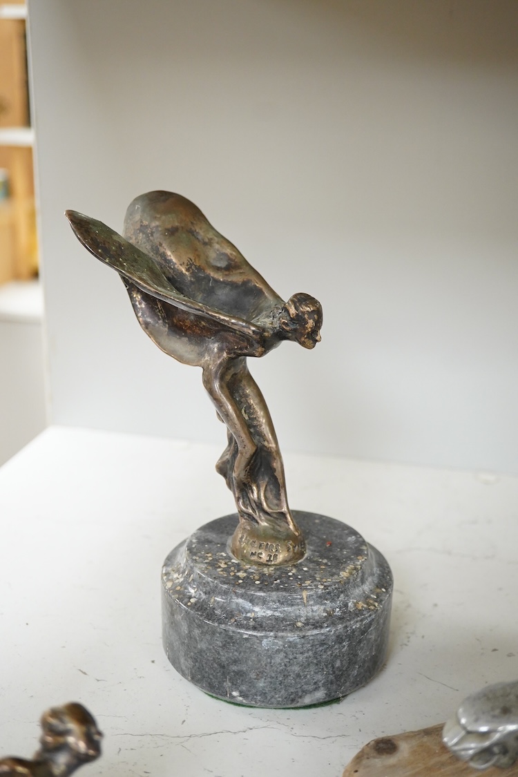 Three car mascots to include two Sprit of Ecstasy examples and five Festival of Britain medallions